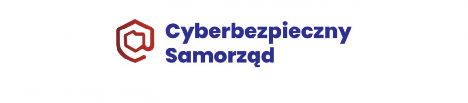 Czerwony zarys tarczy a w środku zarys terytorium Polski. Obok napis niebieski u góry: Cyberbezpieczny a poniżej:Samorząd