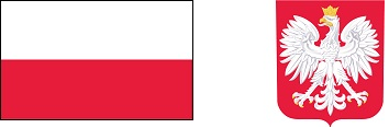 Od lewej: Biało-czerwona flaga Polski, obok godło Polski - biały orzeł ze złotą koroną na czerwonym tle